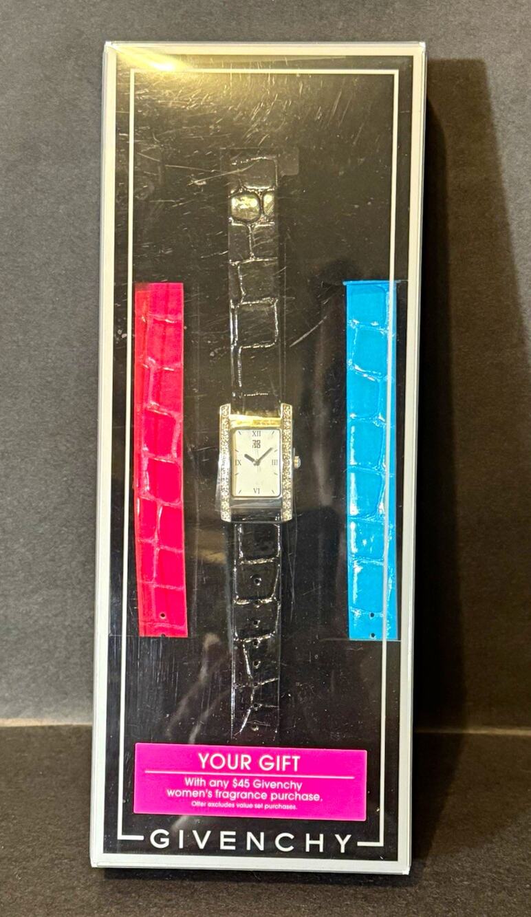Givenchy Womens Quartz Rectangle Analog Watch Set w/ Black Pink Blue Faux Straps